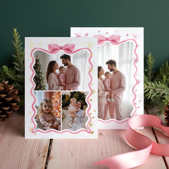 Retro Wavy Pink Bow Ribbon & Stars Photos Collage (Retro Wavy Pink Bow Ribbon & Stars Photos Collage Foil Holiday Card)