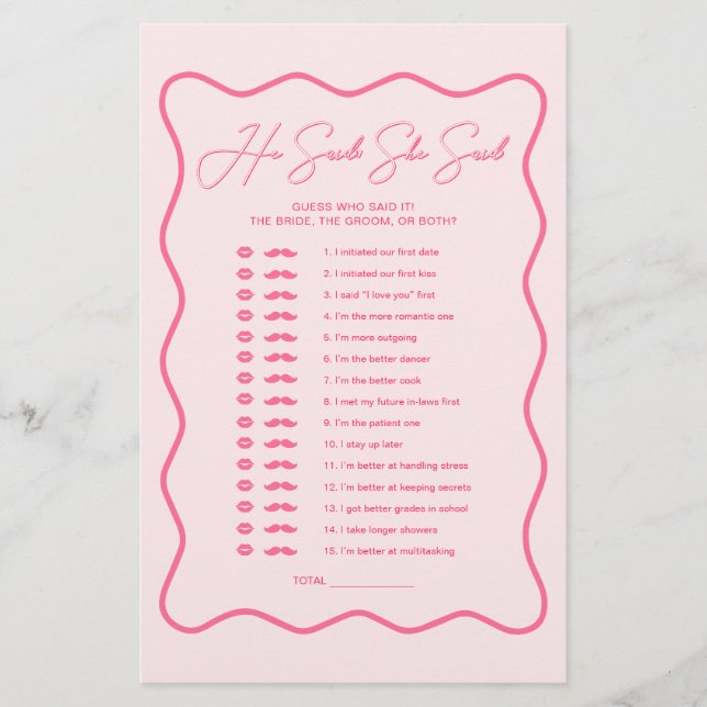 Retro Wavy Pink Bridal Shower He Said She Said (Front)