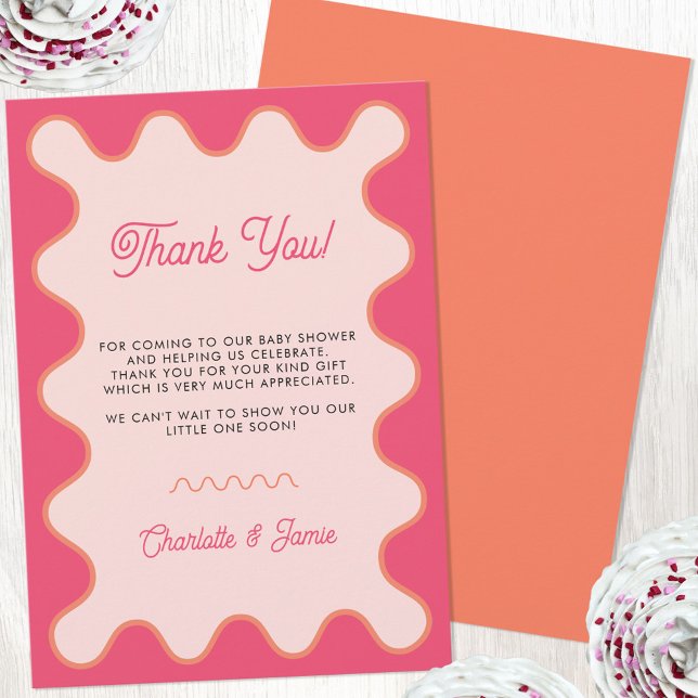 Retro Wavy Pink Curve Baby Shower Thank You Card (Retro modern wavy curve pink orange personalized baby shower thank you card)