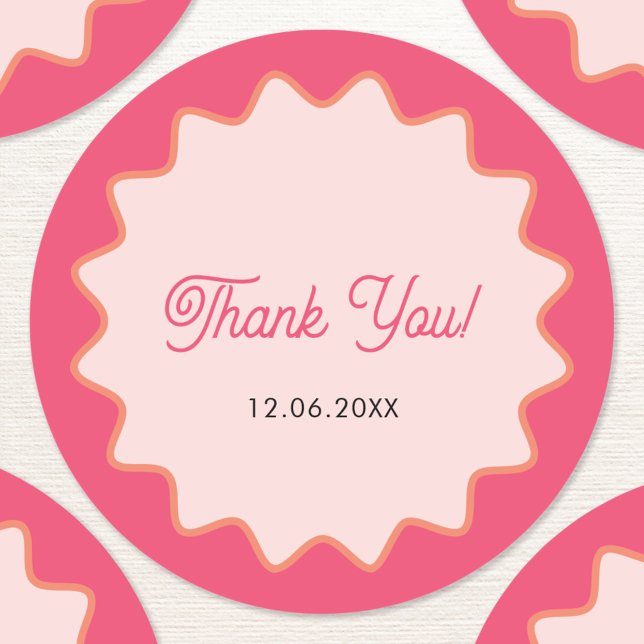 Retro Wavy Pink Curve Thank You Classic Round Sticker (Custom text retro wavy pink thank you stickers)