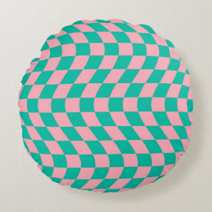Retro Wavy Pink Green Checks Warped Checkered    Round Cushion