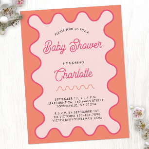Retro Wavy Pink Orange Baby Shower Invitation Postcard