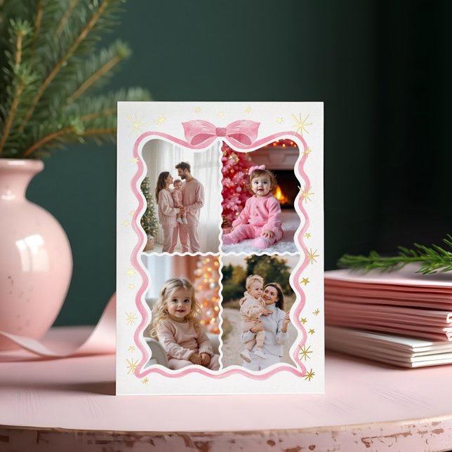 Retro Wavy Pink Ribbon & Stars Photos Collage (Retro Wavy Pink Ribbon & Stars Photos Collage Foil Holiday Card)