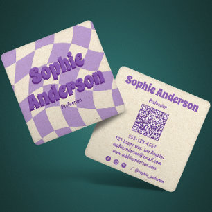 Retro Wavy Purple Chequerboard with QR Code Square Business Card