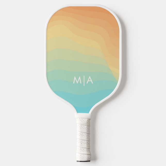 Retro Wavy Rainbow Modern Monogram Pickleball Paddle (Front)