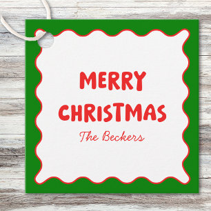 Retro Wavy Red and Green Custom Merry Christmas Favour Tags