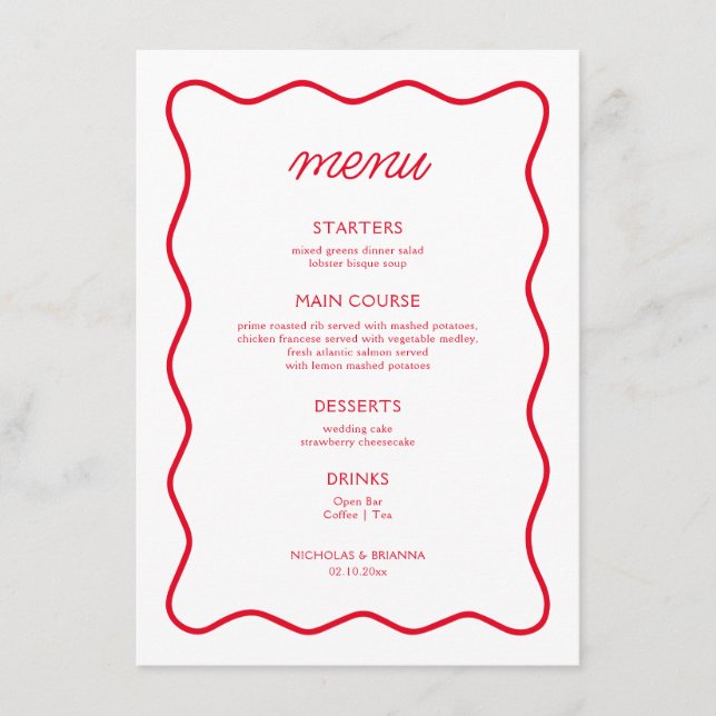 Retro Wavy Red and White Valentine Wedding Menu (Front)