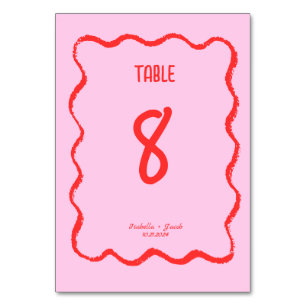 Retro Wavy Squiggle Pink Red Handwritten Wedding Table Number