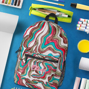 Retro Wavy Stripes Hot Pink Burgundy Monogram Name Printed Backpack