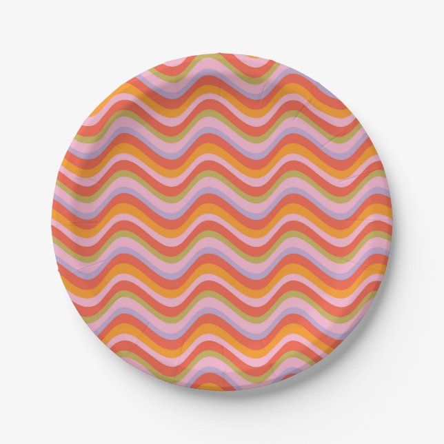Retro Wavy Stripes in Orange, Pink, and Green Paper Plate (Front)