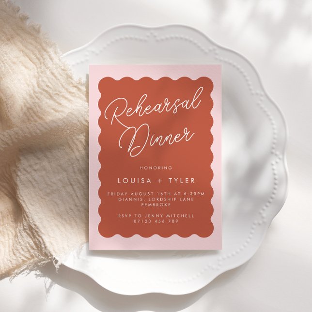 Retro Wavy Terracotta & Blush Rehearsal Dinner Invitation (Creator Uploaded)