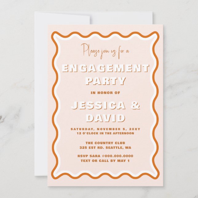Retro Wavy Terracotta Photo Engagement Party  Invitation (Front)