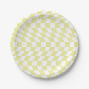 Retro Wavy Yellow Checks Warped Checkerboard   Paper Plate