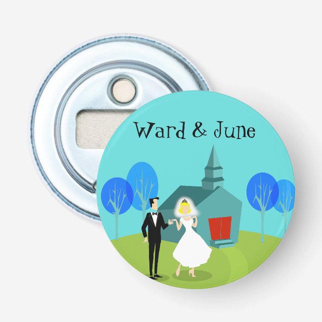 Retro Wedding Couple Button Bottle Opener (Front)