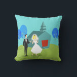 Retro Wedding Couple Outdoor Pillow<br><div class="desc">This Retro Wedding Couple Outdoor Pillow will have you hearing wedding bells. The 1960's style, minimalist art design features a bride and groom on their wedding day. The happy couple looks good enough to be standing atop a wedding cake. But they aren't. They're standing on lush, green grass. The debonair...</div>