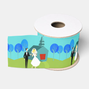 Retro Wedding Couple Ribbon Grosgrain Ribbon
