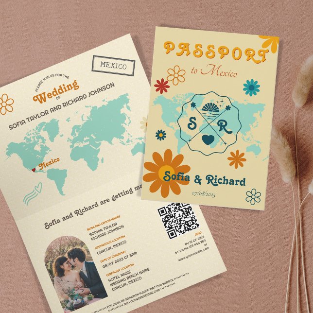 Retro Wedding Destination Passport Map QR Code Invitation (Creator Uploaded)