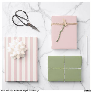 Retro wedding Green Pink Striped  Wrapping Paper Sheet