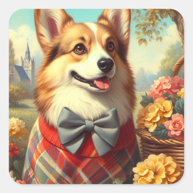 Retro Welsh Corgi Cardigan Painting Square Sticker (Front)