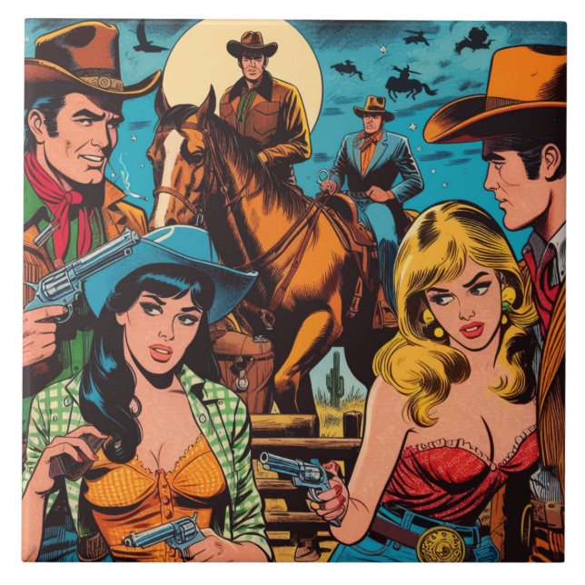 Retro Western Comics Illustration Tile (Front)