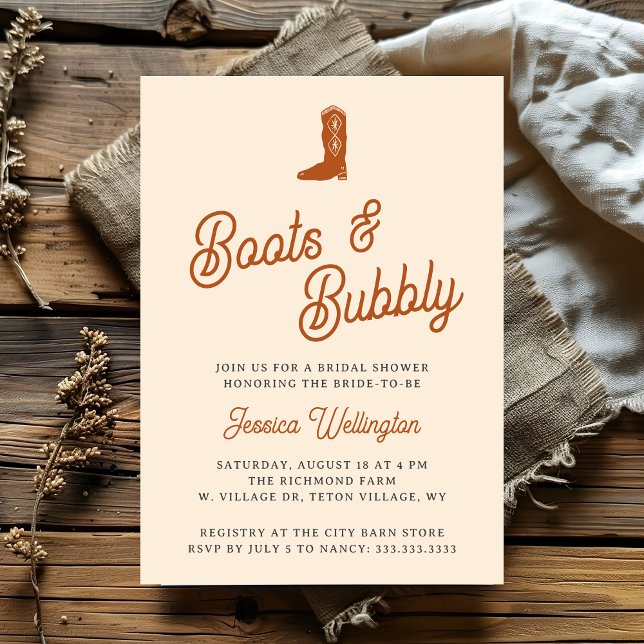 Retro Western Cowboy Boots & Bubbly Bridal Shower Invitation (Creator Uploaded)