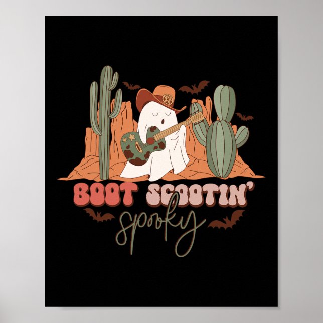 Retro Western Halloween Cute Ghost Fun Boot Scooti Poster (Front)