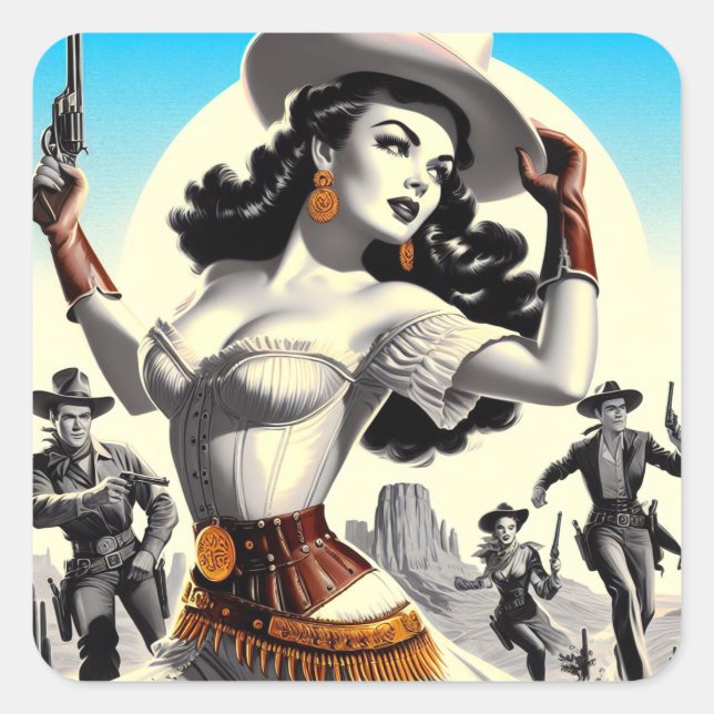 Retro Western Pin-up Square Sticker (Front)