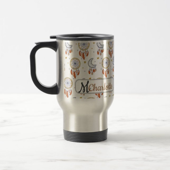 Retro Whimsical Boho Pattern Monogram Name Travel Mug (Left)