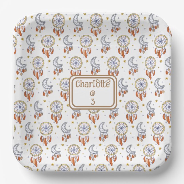 Retro Whimsical Boho Pattern Name Birthday Paper Plate (Front)