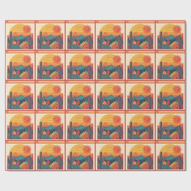 Retro Whimsical Boho Style Sunset Landscape Wrapping Paper (Flat)