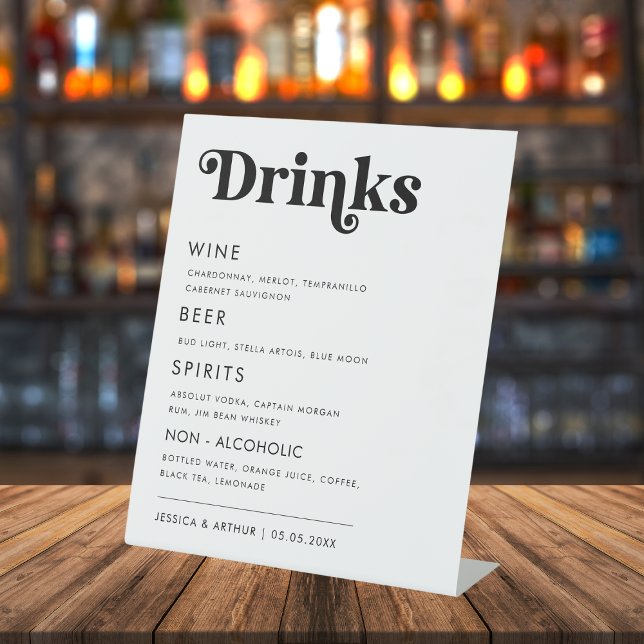 Retro Whimsical Bold Script Wedding Bar Drink Menu Pedestal Sign (Creator Uploaded)