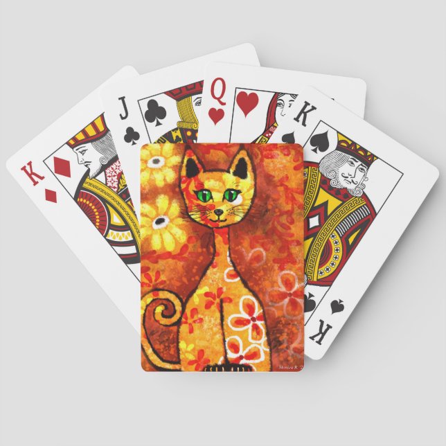 Retro Whimsical Cat Kitty Floral Orange Yellow Red Playing Cards (Back)