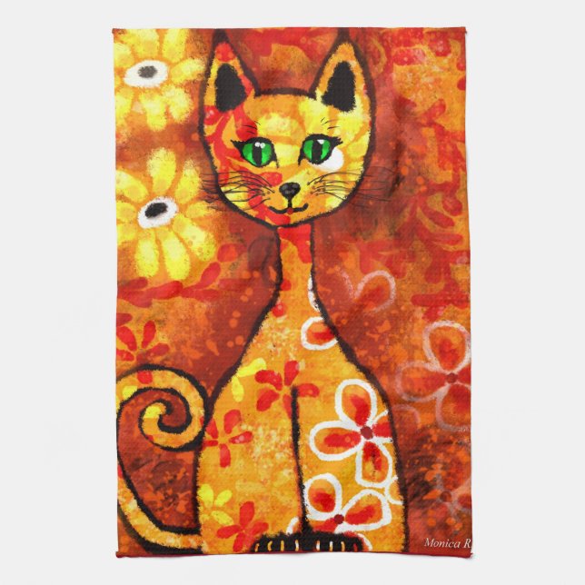 Retro Whimsical Cat Kitty Floral Orange Yellow Red Tea Towel (Vertical)