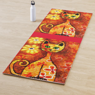 Retro Whimsical Cat Kitty Floral Orange Yellow Red Yoga Mat