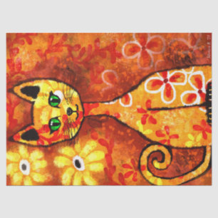 Retro Whimsical Cat Kitty Floral Yellow Red Orange Tissue Paper