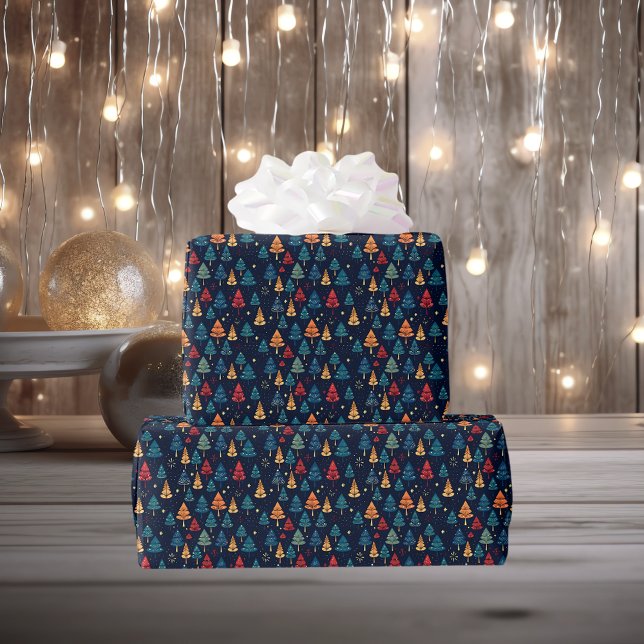 Retro Whimsical + Dark Christmas Trees Wrapping Paper (Creator Uploaded)