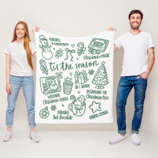 Retro Whimsical Festive Green Christmas Doodles Fleece Blanket