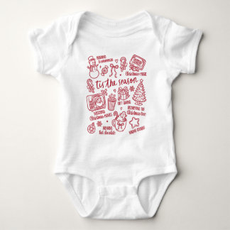 Retro Whimsical Festive Red Christmas Doodles Baby Bodysuit