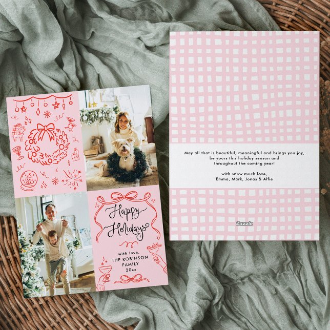 Retro Whimsical Hand Drawn Happy Holidays 2 Photo Holiday Card (Creator Uploaded)