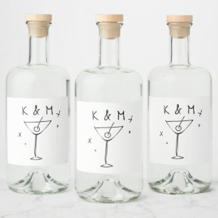 Retro Whimsical Martini Hand Drawn Custom Initials Liquor Bottle Label