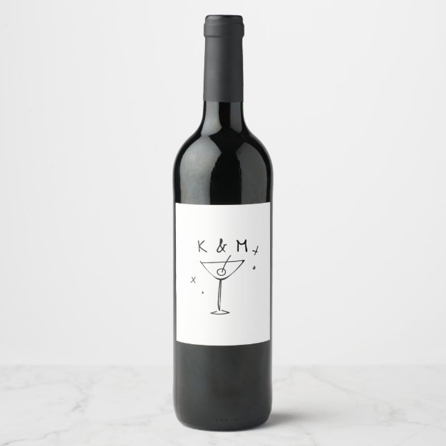 Retro Whimsical Martini Hand Drawn Custom Initials Wine Label (Front)