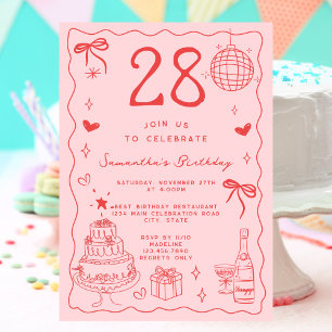 Retro Whimsical Quirky Red Pink 28th Birthday Invitation