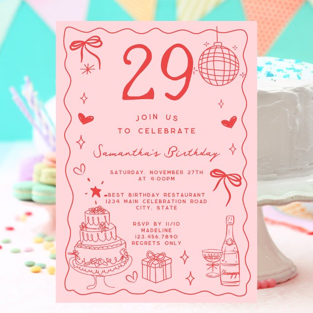 Retro Whimsical Quirky Red Pink 29th Birthday Invitation (Creator Uploaded)