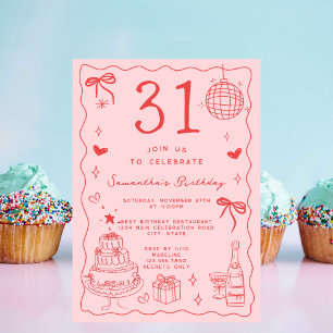 Retro Whimsical Quirky Red Pink 31st Birthday Invitation