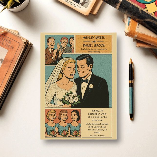 Retro Whimsical Romantic Bride Groom Comic Wedding Acrylic Invitations (Creator Uploaded)