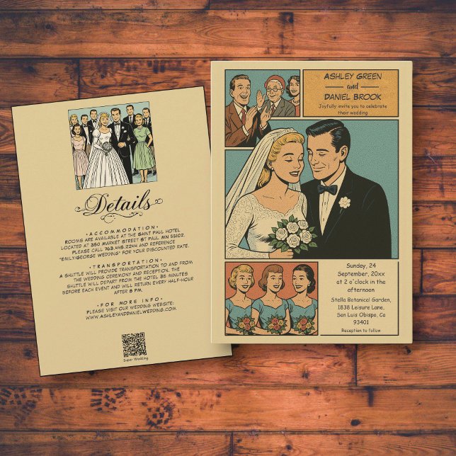 Retro Whimsical Romantic Bride Groom Comic Wedding Invitation (Creator Uploaded)