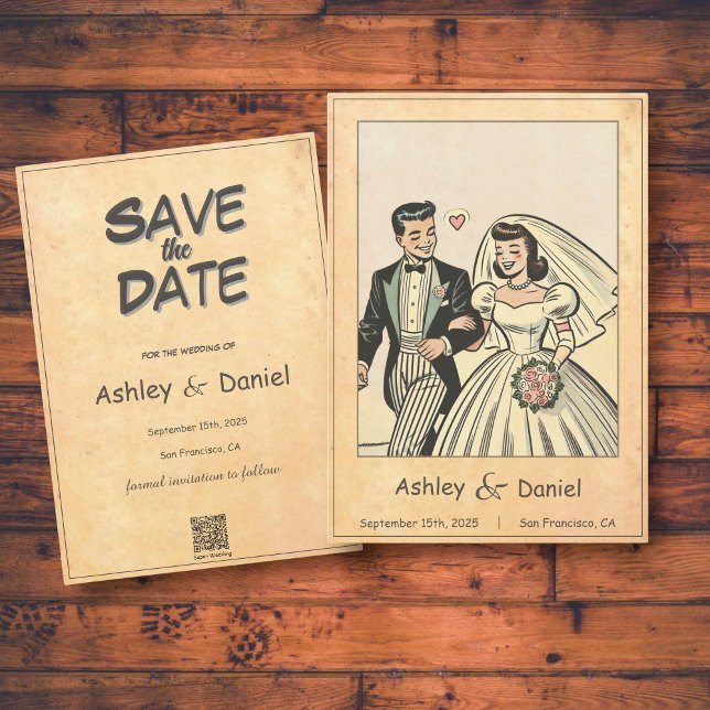 Retro Whimsical Romantic Bride Groom Comic Wedding Save The Date (Creator Uploaded)