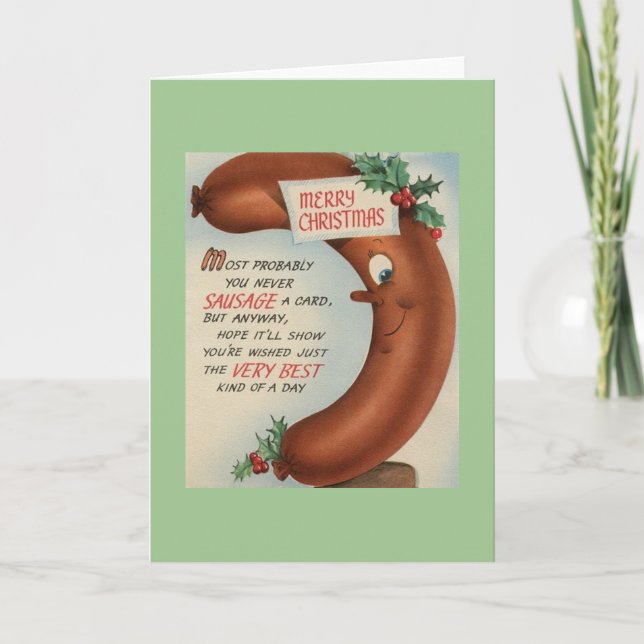 Retro Whimsical Sausage Christmas Greeting Card (Front)