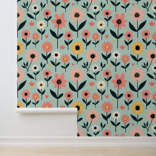 Retro Whimsical Spring Floral Pattern Wallpaper