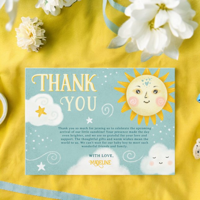 Retro whimsical Sun and Clouds baby shower Thank You Card (Retro whimsical Sun and Clouds baby shower Thank You Card)